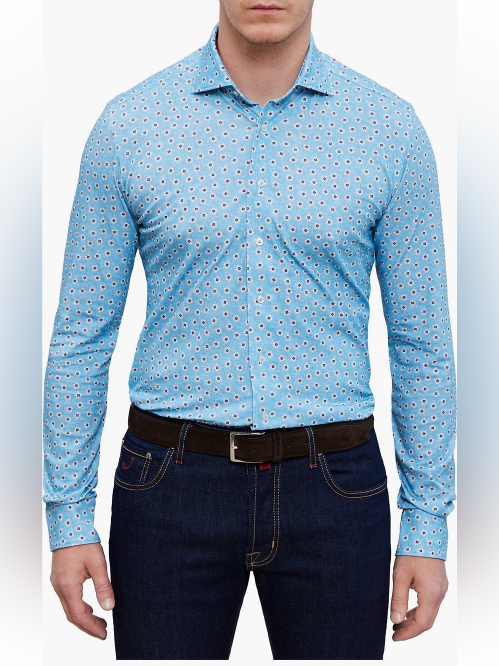 Emanuel Berg 4Flex Modern Fit Floral Knit Button-Up Shirt TURQUOISE Sz 38-15-S
